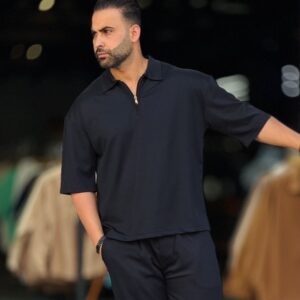 تیشرت مردانه نیم زیپ مراکشی مشکی قواره دار پارچه بیسکوئیتی